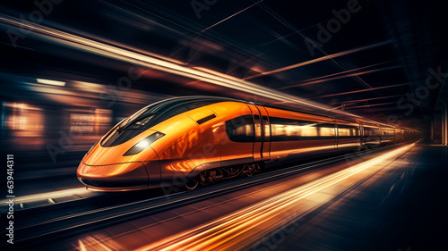 An intriguing photograph of a high-speed train captured in motion, featuring a motion blur effect, reflective surfaces, a sense of speed, and a cinematic quality. Generative AI