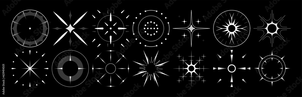 Set of stars and flares vector Y2k shapes. Astrological decorative vintage vector elements in art deco style. HUD Ui forms. Linear Victorian magic objects.
Set of stars and flares vector Y2k shapes. Astrological decorative vintage vector elements in art deco style. HUD Ui forms. Linear Victorian magic objects.