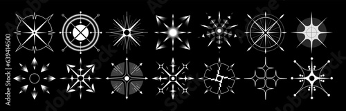 Set of stars and flares vector Y2k shapes. Astrological decorative vintage vector elements in art deco style. HUD Ui forms. Linear Victorian magic objects.	
