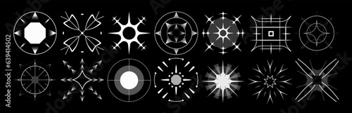 Set of stars and flares vector Y2k shapes. Astrological decorative vintage vector elements in art deco style. HUD Ui forms. Linear Victorian magic objects.	
