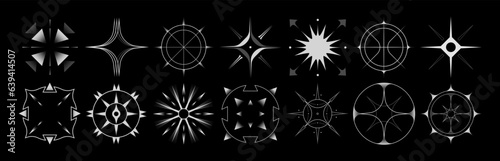 Set of stars and flares vector Y2k shapes. Astrological decorative vintage vector elements in art deco style. HUD Ui forms. Linear Victorian magic objects.	
