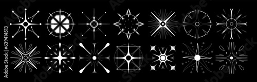 Set of stars and flares. Astrological decorative vintage vector elements in art deco style. HUD Ui forms. Linear Victorian magic objects.	
