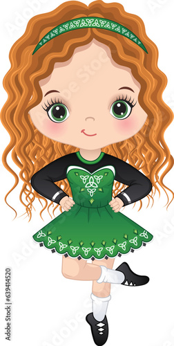 Vector Cute Girl Dancing Irish Dance in Traditional Celtic Dress