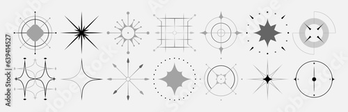 Set of stars and flares. Astrological decorative vintage vector elements in art deco style. HUD Ui forms. Linear Victorian magic objects.	
