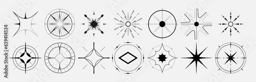 Set of stars and flares. Astrological decorative vintage vector elements in art deco style. HUD Ui forms. Linear Victorian magic objects.	
