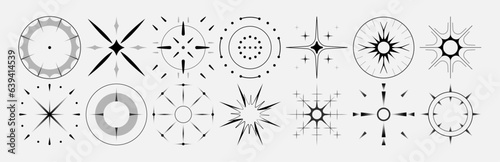 Set of stars and flares. Astrological decorative vintage vector elements in art deco style. HUD Ui forms. Linear Victorian magic objects.	
