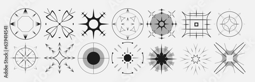 Set of stars and flares. Astrological decorative vintage vector elements in art deco style. HUD Ui forms. Linear Victorian magic objects.	
