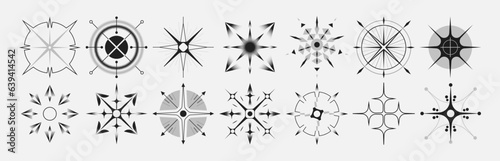 Set of stars and flares. Astrological decorative vintage vector elements in art deco style. HUD Ui forms. Linear Victorian magic objects.	
