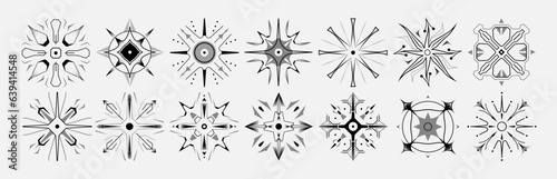 Set of stars and flares. Astrological decorative vintage vector elements in art deco style. HUD Ui forms. Linear Victorian magic objects.	
