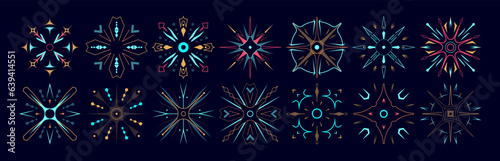 Set of stars and flares. Astrological decorative vintage vector elements in art deco style. HUD Ui forms. Linear Victorian magic objects.