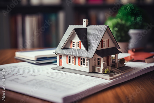 Tiny small family house model on table of real estate agent, property seller. Realtor writing in paper documents. Home apartment buyer signing agreement. generative AI