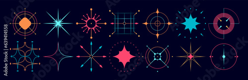 Set of stars and flares. Astrological decorative vintage vector elements in art deco style. HUD Ui forms. Linear Victorian magic objects.