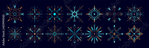 Set of stars and flares. Astrological decorative vintage vector elements in art deco style. HUD Ui forms. Linear Victorian magic objects.