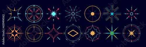Set of stars and flares. Astrological decorative vintage vector elements in art deco style. HUD Ui forms. Linear Victorian magic objects.