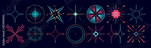Set of stars and flares. Astrological decorative vintage vector elements in art deco style. HUD Ui forms. Linear Victorian magic objects.