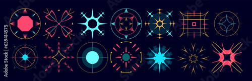 Set of stars and flares. Astrological decorative vintage vector elements in art deco style. HUD Ui forms. Linear Victorian magic objects.