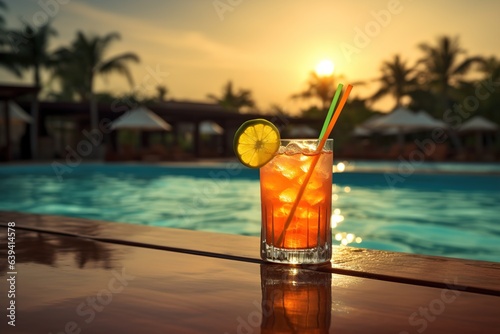 Cocktail with straws stands by pool