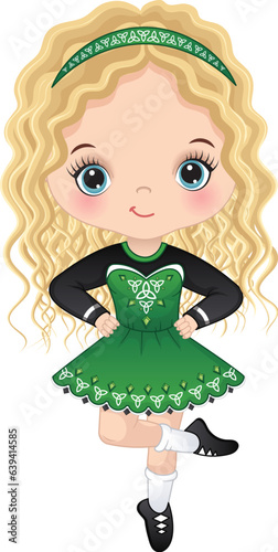 Vector Cute Girl Dancing Irish Dance in Traditional Celtic Dress