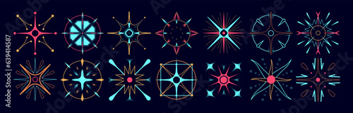 Set of stars and flares. Astrological decorative vintage vector elements in art deco style. HUD Ui forms. Linear Victorian magic objects.
