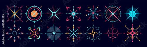 Set of stars and flares. Astrological decorative vintage vector elements in art deco style. HUD Ui forms. Linear Victorian magic objects.