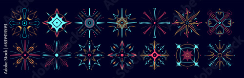 Set of stars and flares. Astrological decorative vintage vector elements in art deco style. HUD Ui forms. Linear Victorian magic objects.