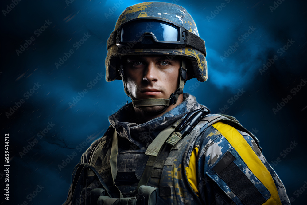 Armed Forces of Ukraine. Ukrainian soldier. Ukrainian in army. Ukrainian flag on backgrund. generative AI Armed Forces of Ukraine. Ukrainian soldier. Ukrainian in army. Ukrainian flag on backgrund. generative AI