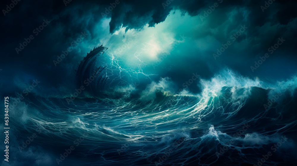 Immense tsunami waves, foreboding stormy atmosphere. The ultimate storm. Gigantic surges, monumental ocean waves. Generative AI 
