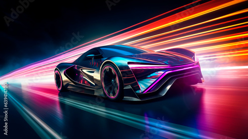 A high-tech sports car in a neon-lit urban setting  showcasing its impressive acceleration as it leaves colorful light trails on the highway. Generative AI