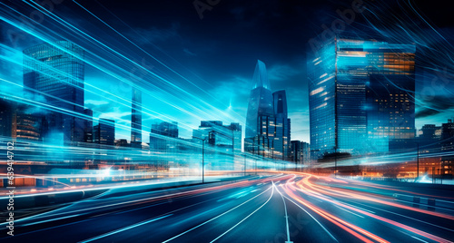 A modern high-rise building of the future alongside advanced road transport systems incorporating digital data exchange. Rapid light trails left by swiftly moving cars, Generative AI 