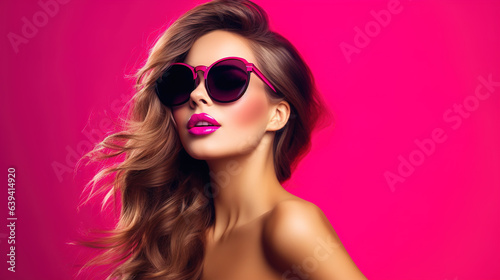 Beautiful happy young woman with bright pink lips in sunglasses against pink background