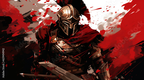 A depiction of a Greek Spartan adorned in somber armor, donning a helmet , rendered in muted hues of black, white, and red, incorporating the aesthetic of glitch art. Generative AI