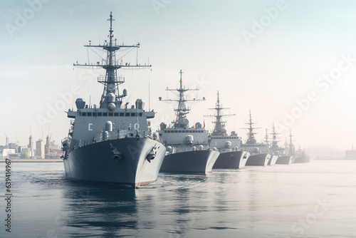 Fototapeta Line of modern warships battleships in a row on the high seas