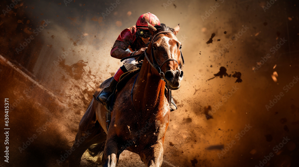 Fototapeta premium the jockey rides his horse down the racetrack, the pole goes up, the race continues, Generative AI 
