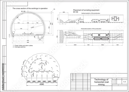 Vector drawing. Technology of horizontal coal mining. 
Placement of tunneling equipment.
Engineering cad scheme. Technical background.
