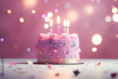 Pink birthday cake with candles on pink background with bokeh with sparklies