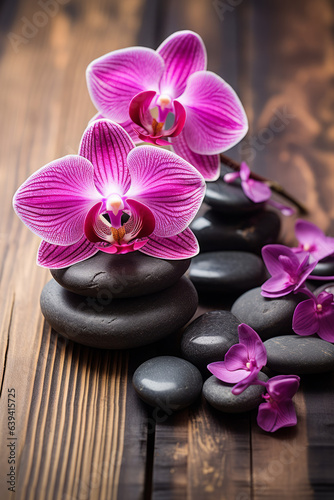 Spa stones on wooden table with orchids  with space for text