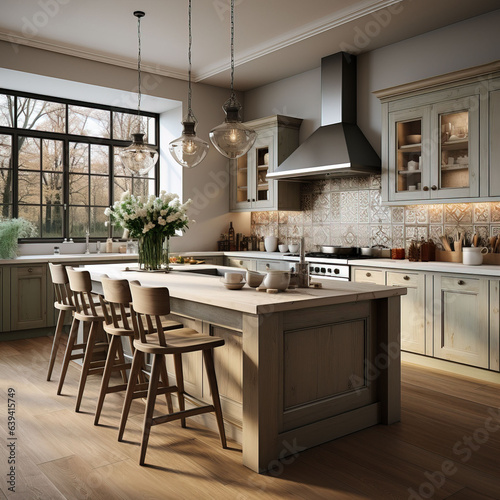 Lovely Nordic-style Kitchen. Natural wood  large windows