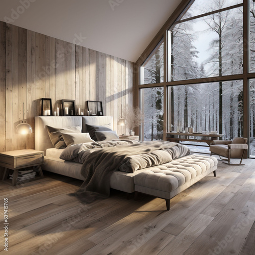 Nordic-style bedroom with natural wood in neutral colors.