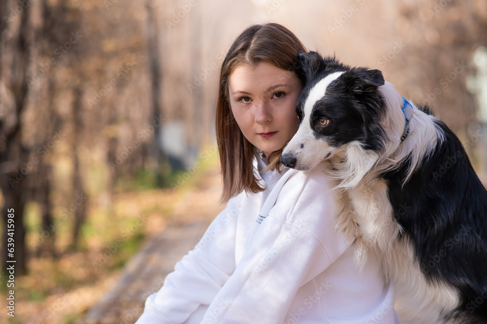 Black and white border collie dog put its paws on its owner's back during a walk in the autumn park. Black and white border collie dog put its paws on its owner's back during a walk in the autumn park.