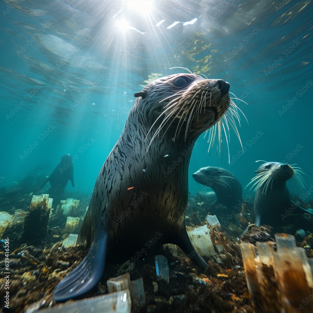 fur seals in the water among plastic bottles and garbage, concept: pollution of nature and water bodies. Danger of plastic for animals and birds. Illustration, Generative AI