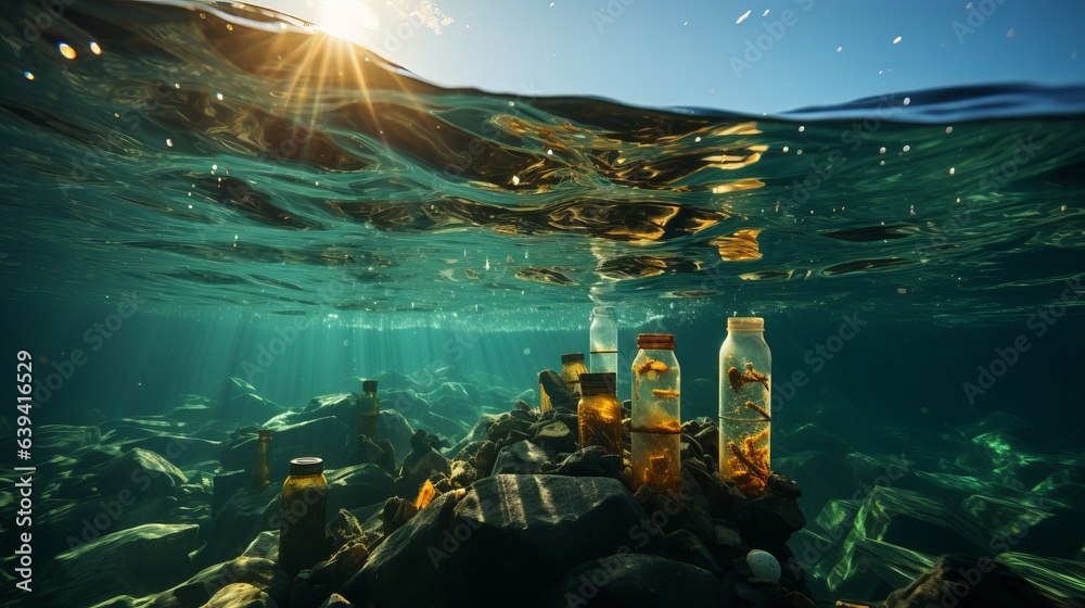 fur seals in the water among plastic bottles and garbage, concept: pollution of nature and water bodies. Danger of plastic for animals and birds. Illustration, Generative AI