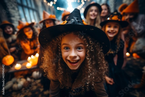 Diverse little kids with Halloween costumes taking selfie on a halloween party.