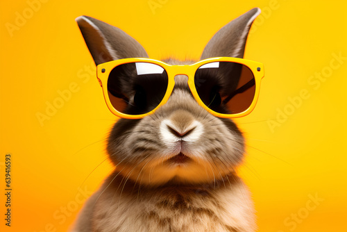 Cool real bunny with sunglasses on yellow background, generative AI