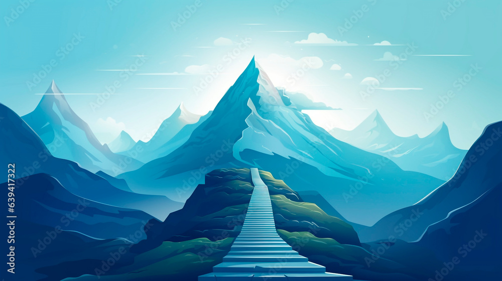An illustration depicting a mountain with a pathway leading to its summit, symbolizing the concept of achieving success. Generative AI 