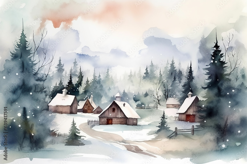 Winter houses in a countryside, watercolor technique. Generative AI