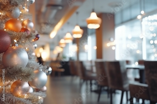 Winter cafe interior with decorated Christmas tree  high key. Generative AI