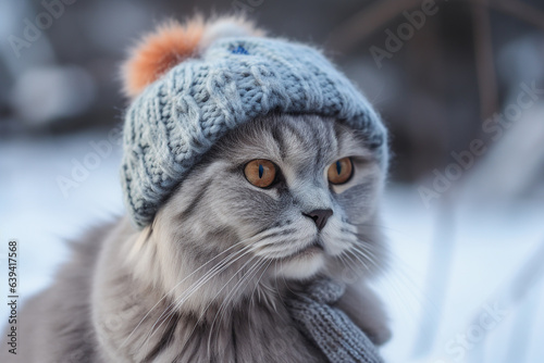 Grey cat in a knitted cap. Generative AI