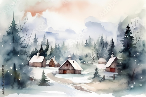 Winter houses in a countryside, watercolor technique. Generative AI