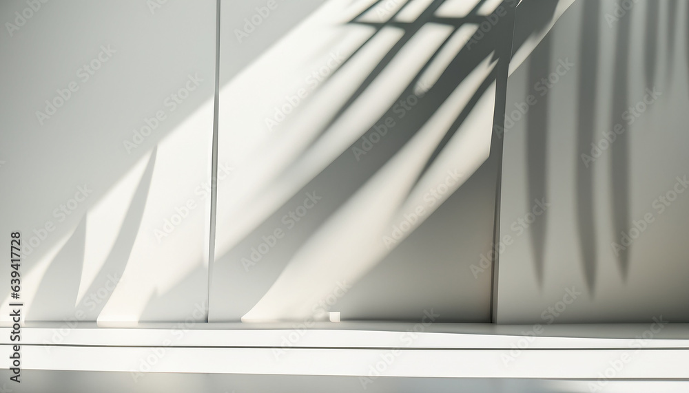 Obraz premium Abstract studio background for product presentation. Empty room with shadows of window and flowers and palm leaves . 3d room with copy space. Summer concert. backdrop. beauty product placement.
