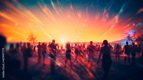 A beach party scene characterized by lively nighttime celebrations during summer vacations. Generative AI